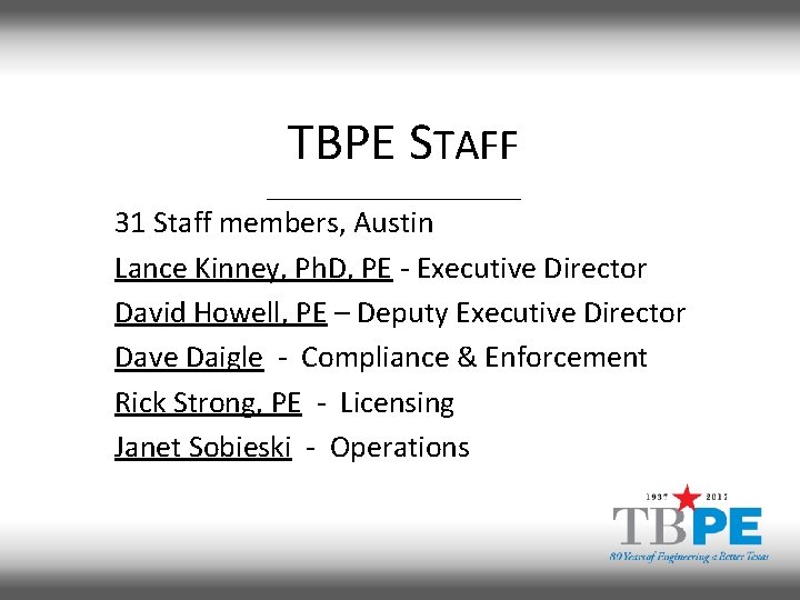 TBPE STAFF 31 Staff members, Austin Lance Kinney, Ph. D, PE - Executive Director