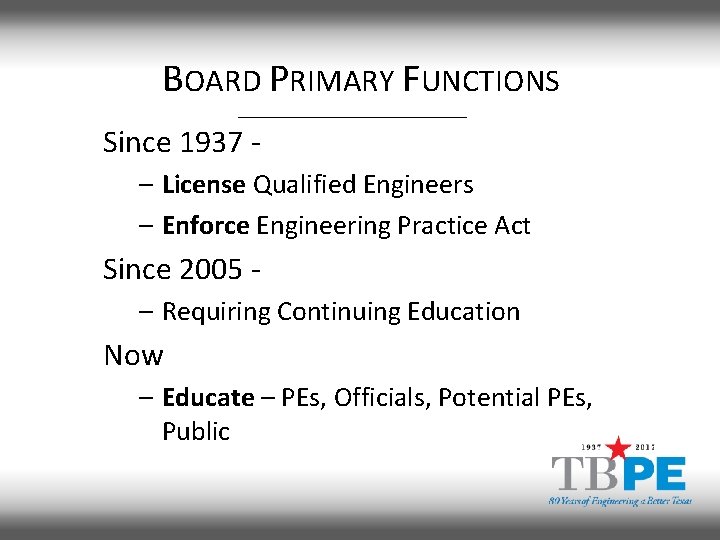 BOARD PRIMARY FUNCTIONS Since 1937 – License Qualified Engineers – Enforce Engineering Practice Act