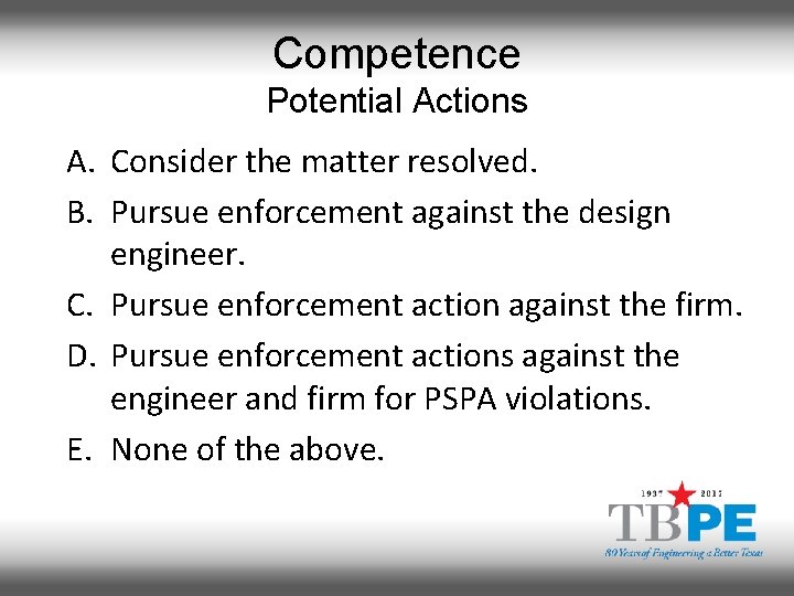 Competence Potential Actions A. Consider the matter resolved. B. Pursue enforcement against the design