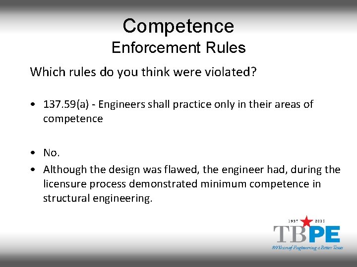 Competence Enforcement Rules Which rules do you think were violated? • 137. 59(a) -