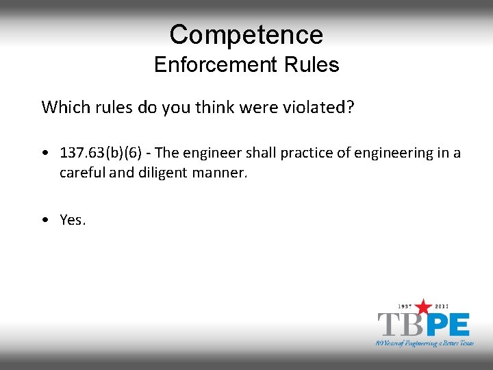 Competence Enforcement Rules Which rules do you think were violated? • 137. 63(b)(6) -