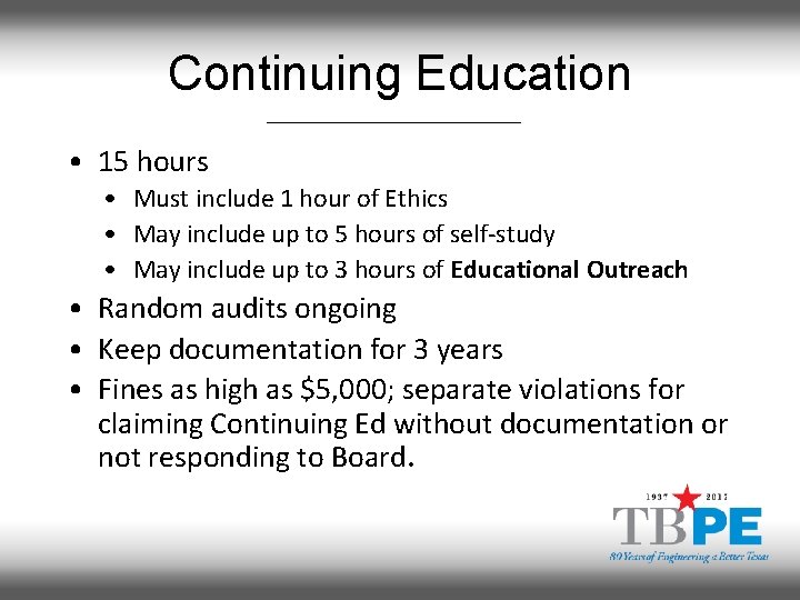 Continuing Education • 15 hours • Must include 1 hour of Ethics • May