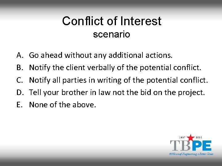 Conflict of Interest scenario A. B. C. D. E. Go ahead without any additional