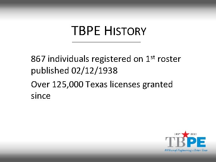 TBPE HISTORY 867 individuals registered on 1 st roster published 02/12/1938 Over 125, 000