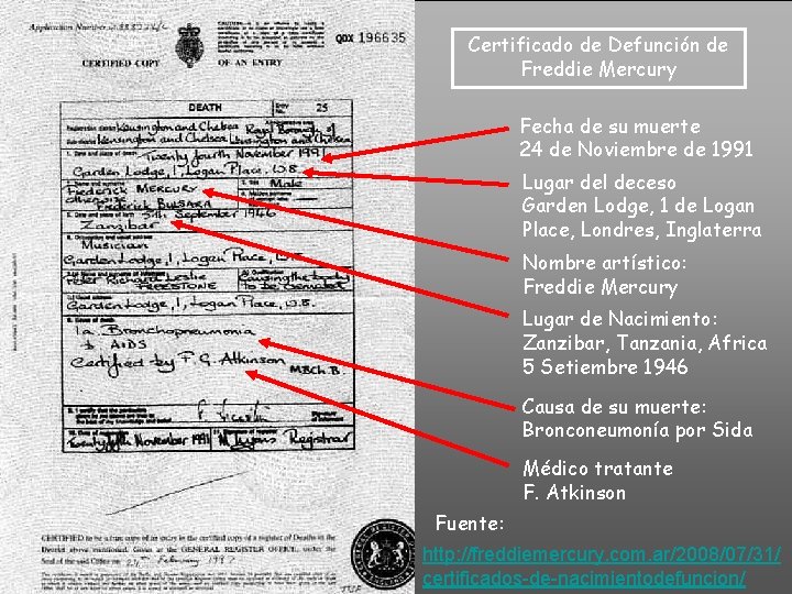 Certificado de Defunción de Freddie Mercury Fecha de su muerte 24 de Noviembre de