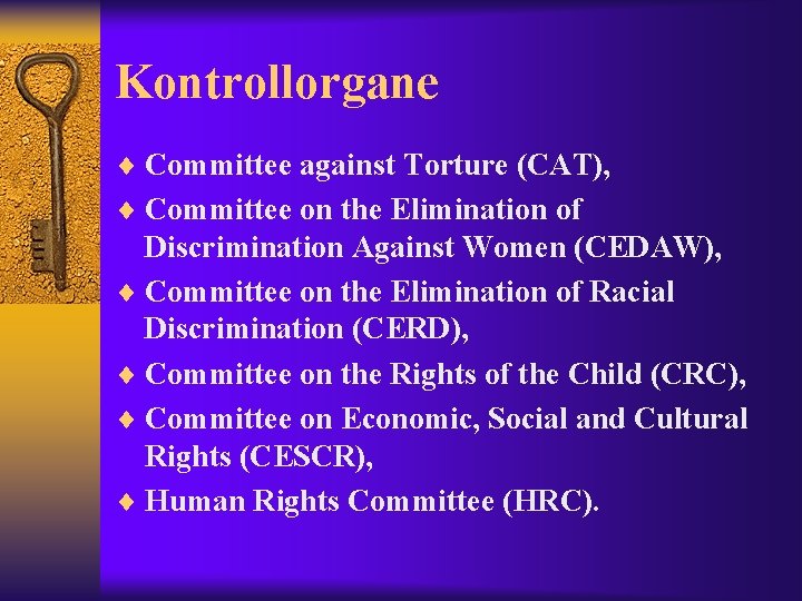 Kontrollorgane ¨ Committee against Torture (CAT), ¨ Committee on the Elimination of Discrimination Against