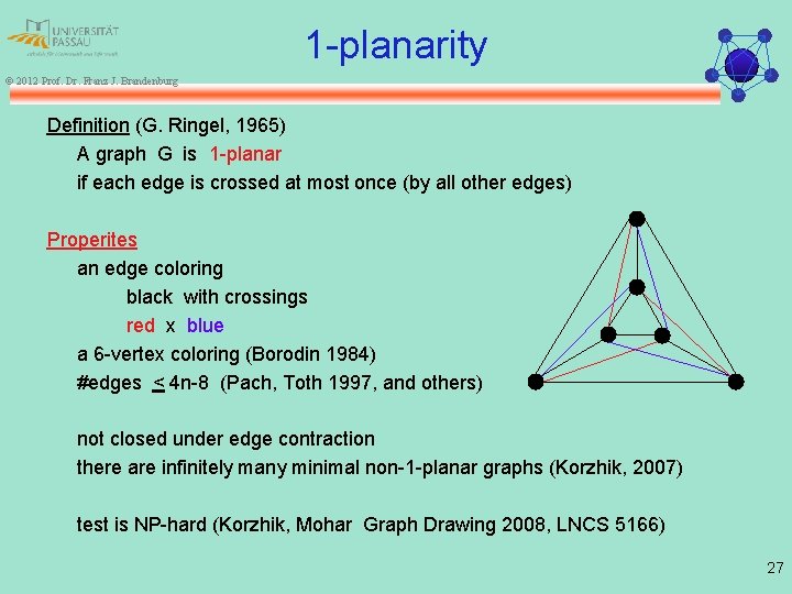 1 -planarity © 2012 Prof. Dr. Franz J. Brandenburg Definition (G. Ringel, 1965) A