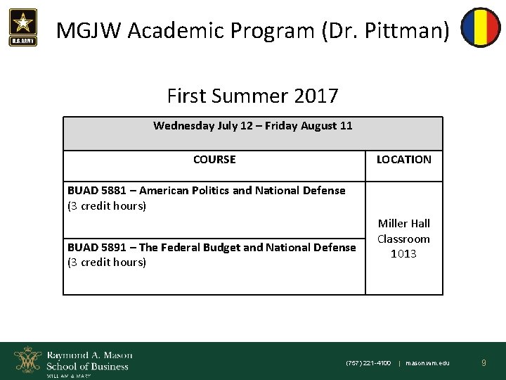 MGJW Academic Program (Dr. Pittman) First Summer 2017 Wednesday July 12 – Friday August