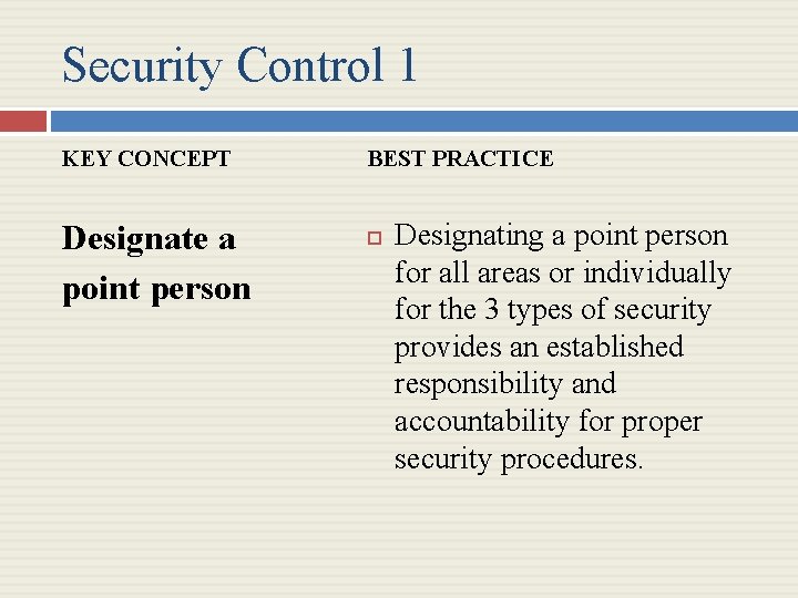 Security Control 1 KEY CONCEPT Designate a point person BEST PRACTICE Designating a point