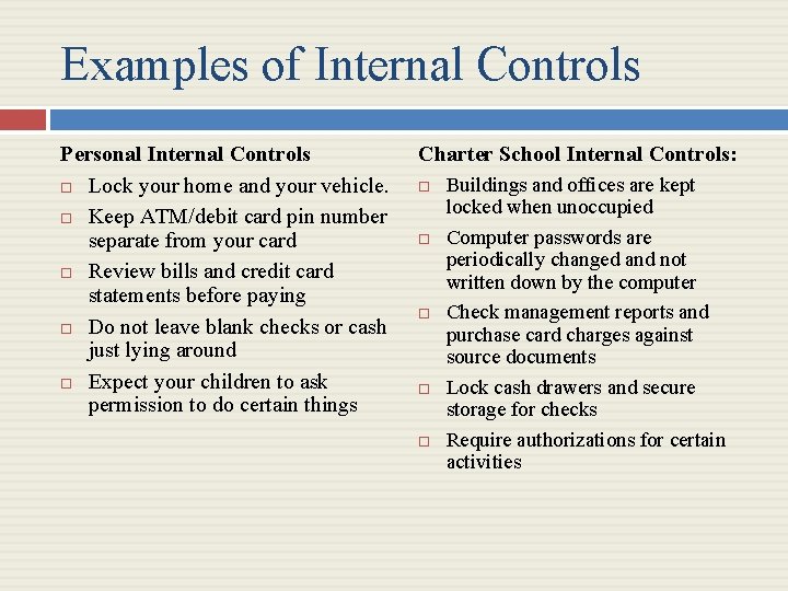 Examples of Internal Controls Personal Internal Controls Lock your home and your vehicle. Keep