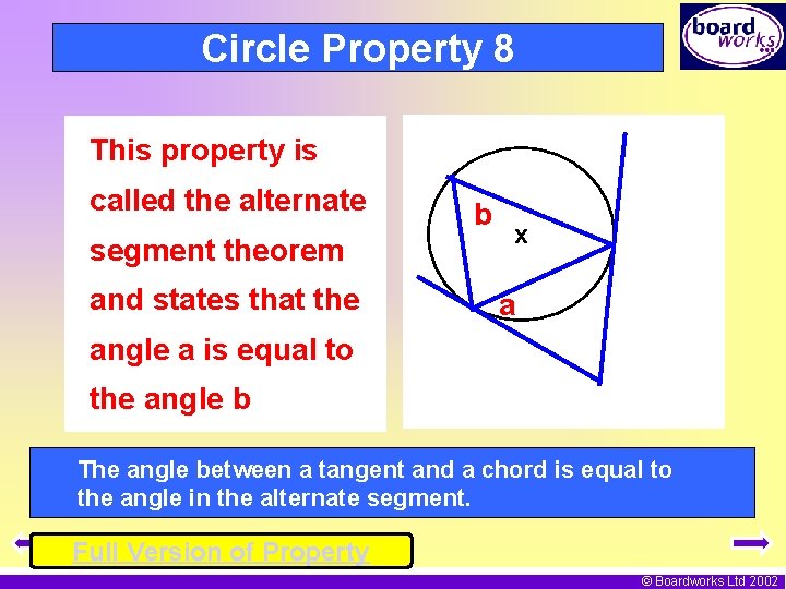 Circle Property 8 This property is called the alternate segment theorem and states that