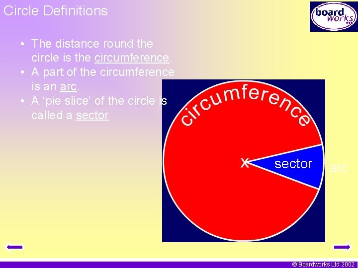 Circle Definitions • The distance round the circle is the circumference. • A part