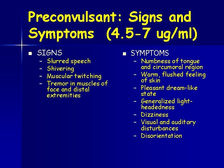 Preconvulsant: Signs and Symptoms (4. 5 -7 ug/ml) n SIGNS – – Slurred speech