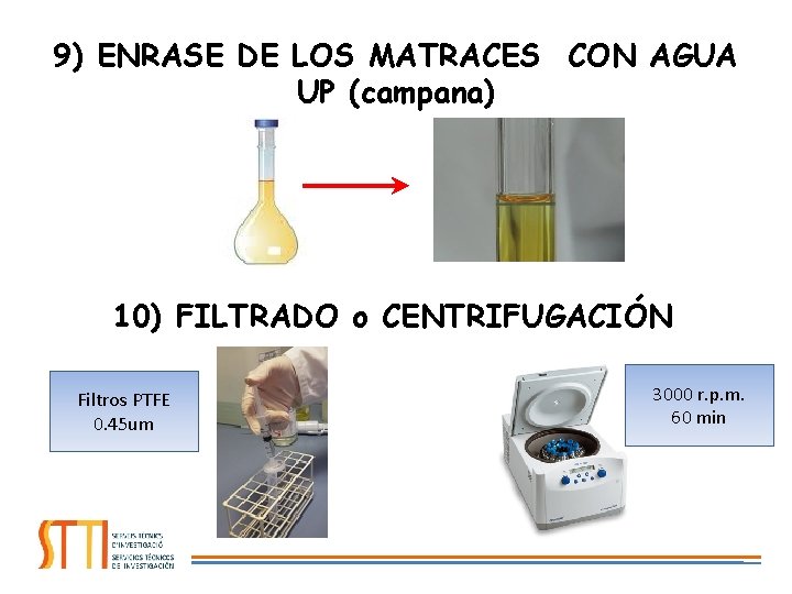 9) ENRASE DE LOS MATRACES CON AGUA UP (campana) 10) FILTRADO o CENTRIFUGACIÓN Filtros