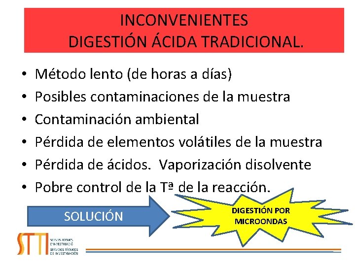 INCONVENIENTES DIGESTIÓN ÁCIDA TRADICIONAL. • • • Método lento (de horas a días) Posibles