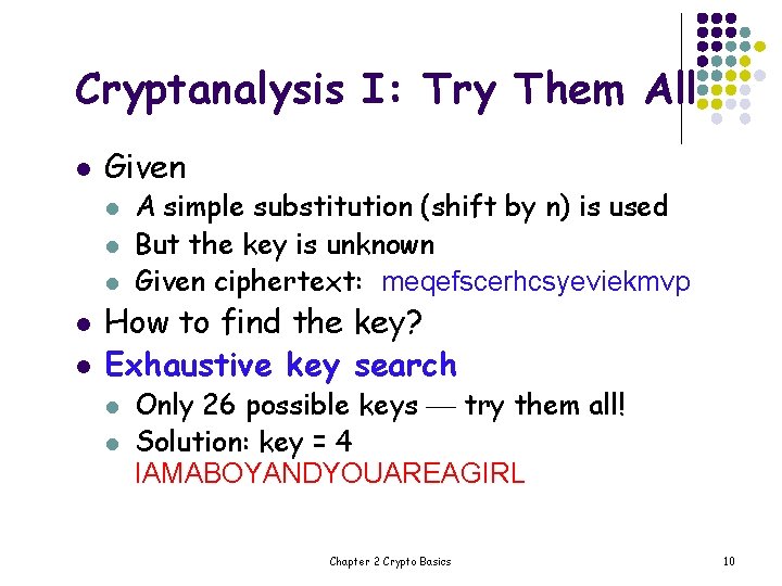Cryptanalysis I: Try Them All l Given l l l A simple substitution (shift