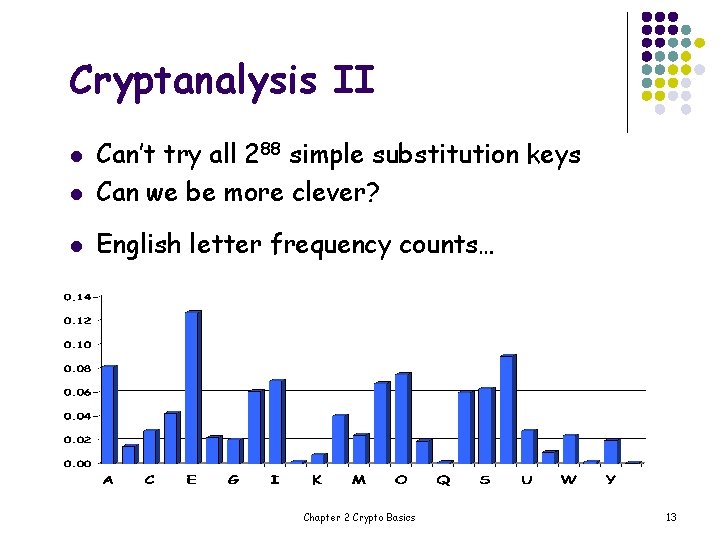 Cryptanalysis II l Can’t try all 288 simple substitution keys Can we be more