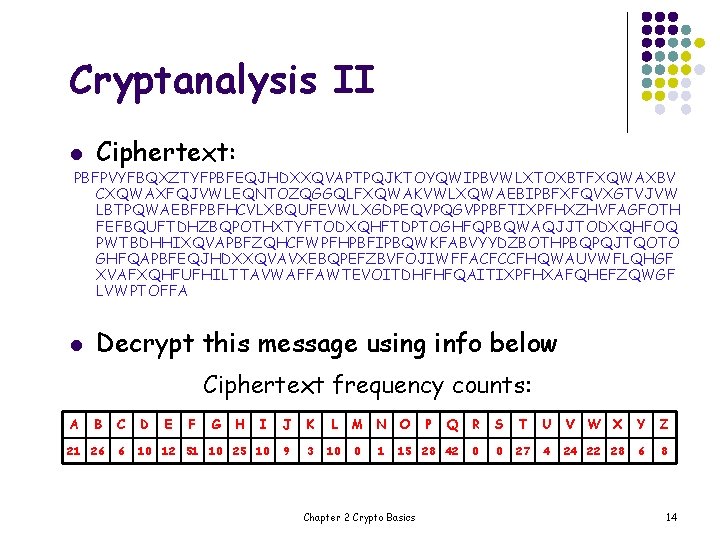 Cryptanalysis II l Ciphertext: PBFPVYFBQXZTYFPBFEQJHDXXQVAPTPQJKTOYQWIPBVWLXTOXBTFXQWAXBV CXQWAXFQJVWLEQNTOZQGGQLFXQWAKVWLXQWAEBIPBFXFQVXGTVJVW LBTPQWAEBFPBFHCVLXBQUFEVWLXGDPEQVPQGVPPBFTIXPFHXZHVFAGFOTH FEFBQUFTDHZBQPOTHXTYFTODXQHFTDPTOGHFQPBQWAQJJTODXQHFOQ PWTBDHHIXQVAPBFZQHCFWPFHPBFIPBQWKFABVYYDZBOTHPBQPQJTQOTO GHFQAPBFEQJHDXXQVAVXEBQPEFZBVFOJIWFFACFCCFHQWAUVWFLQHGF XVAFXQHFUFHILTTAVWAFFAWTEVOITDHFHFQAITIXPFHXAFQHEFZQWGF LVWPTOFFA l Decrypt