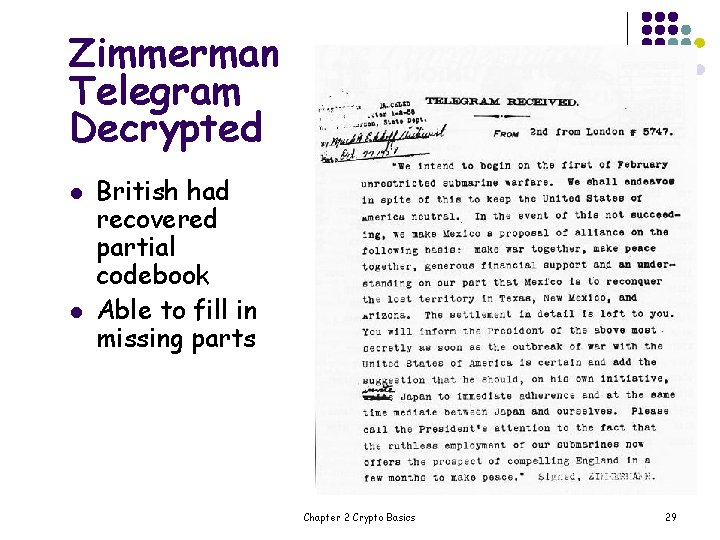 Zimmerman Telegram Decrypted l l British had recovered partial codebook Able to fill in