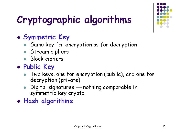 Cryptographic algorithms l Symmetric Key l l Public Key l l l Same key
