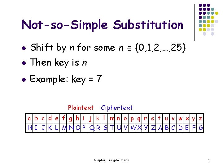 Not-so-Simple Substitution l Shift by n for some n {0, 1, 2, …, 25}