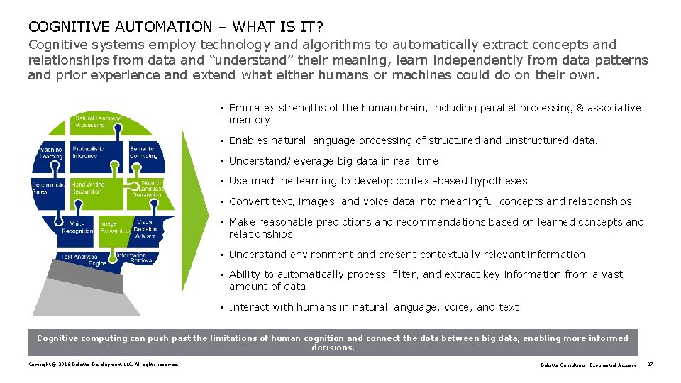 COGNITIVE AUTOMATION – WHAT IS IT? Cognitive systems employ technology and algorithms to automatically