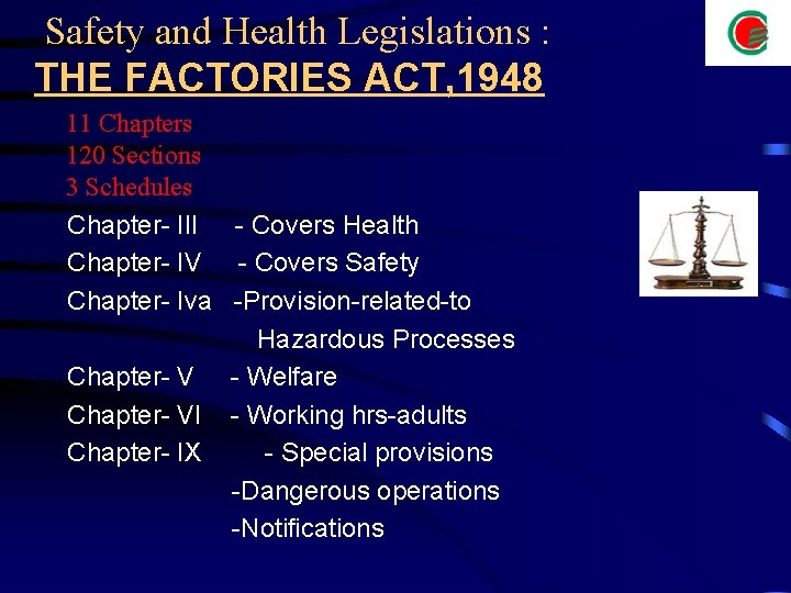  Safety and Health Legislations : THE FACTORIES ACT, 1948 11 Chapters 120 Sections