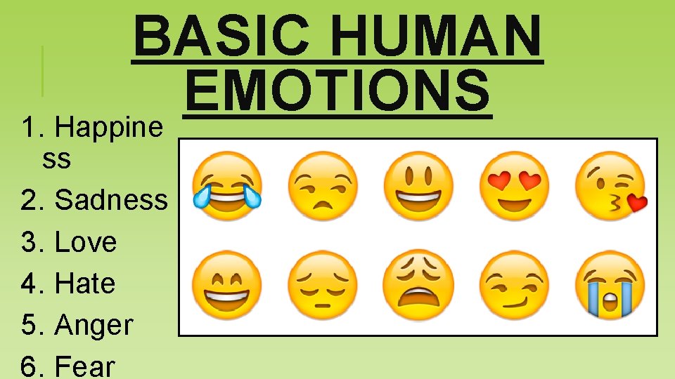 BASIC HUMAN EMOTIONS 1. Happine ss 2. Sadness 3. Love 4. Hate 5. Anger