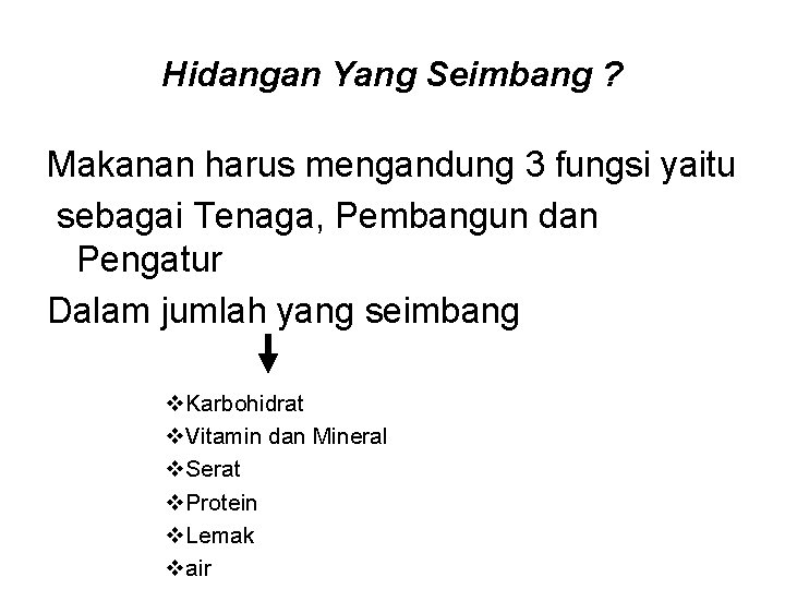 Hidangan Yang Seimbang ? Makanan harus mengandung 3 fungsi yaitu sebagai Tenaga, Pembangun dan