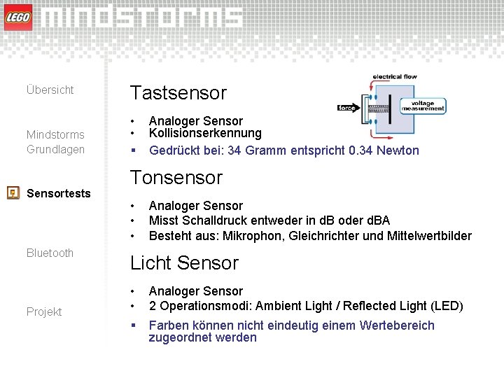 Übersicht Mindstorms Grundlagen Sensortests Bluetooth Projekt Tastsensor • • § Analoger Sensor Kollisionserkennung Gedrückt