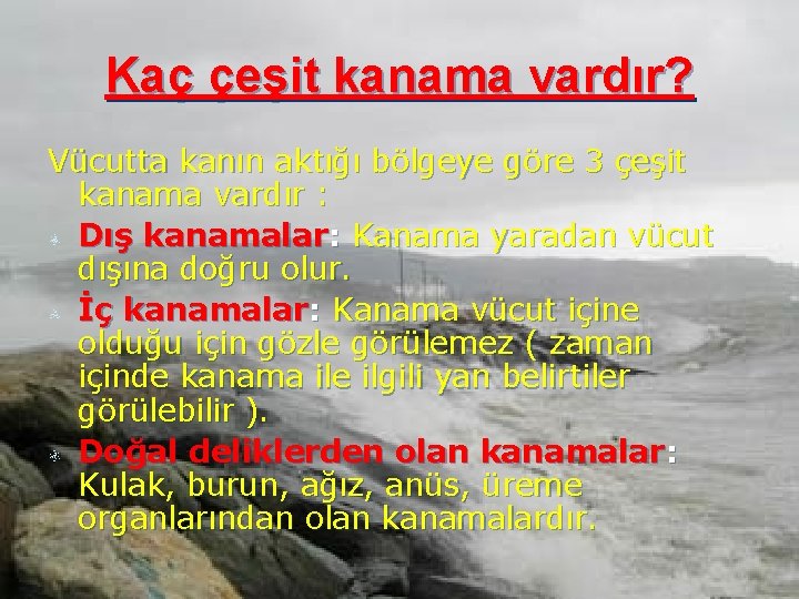 Kaç çeşit kanama vardır? Vücutta kanın aktığı bölgeye göre 3 çeşit kanama vardır :