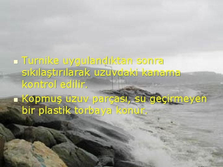 n n Turnike uygulandıktan sonra sıkılaştırılarak uzuvdaki kanama kontrol edilir. Kopmuş uzuv parçası, su