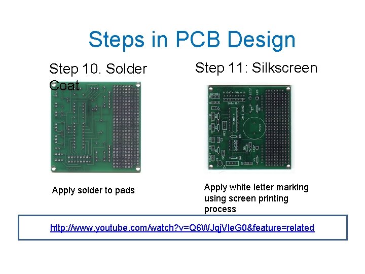 Steps in PCB Design Step 10. Solder Coat Apply solder to pads Step 11: