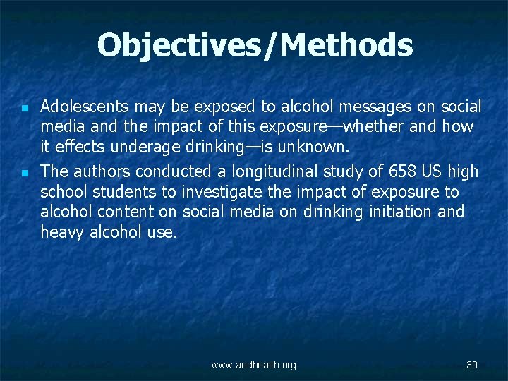 Objectives/Methods n n Adolescents may be exposed to alcohol messages on social media and