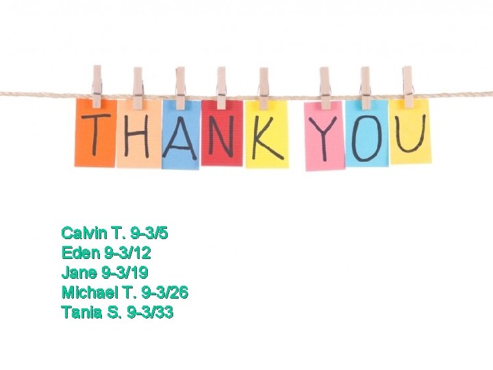 Calvin T. 9 -3/5 Eden 9 -3/12 Jane 9 -3/19 Michael T. 9 -3/26 Calvin T. 9 -3/5 Eden 9 -3/12 Jane 9 -3/19 Michael T. 9 -3/26