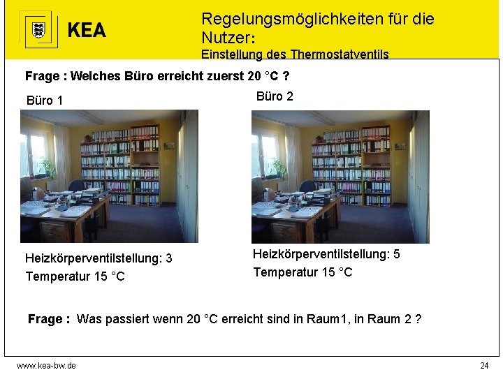 Regelungsmöglichkeiten für die Nutzer: Einstellung des Thermostatventils Frage : Welches Büro erreicht zuerst 20