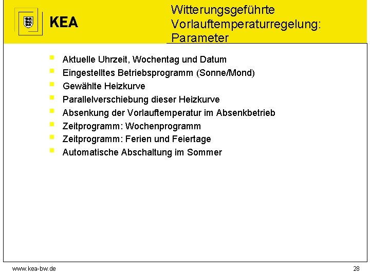 Witterungsgeführte Vorlauftemperaturregelung: Parameter § § § § www. kea-bw. de Aktuelle Uhrzeit, Wochentag und