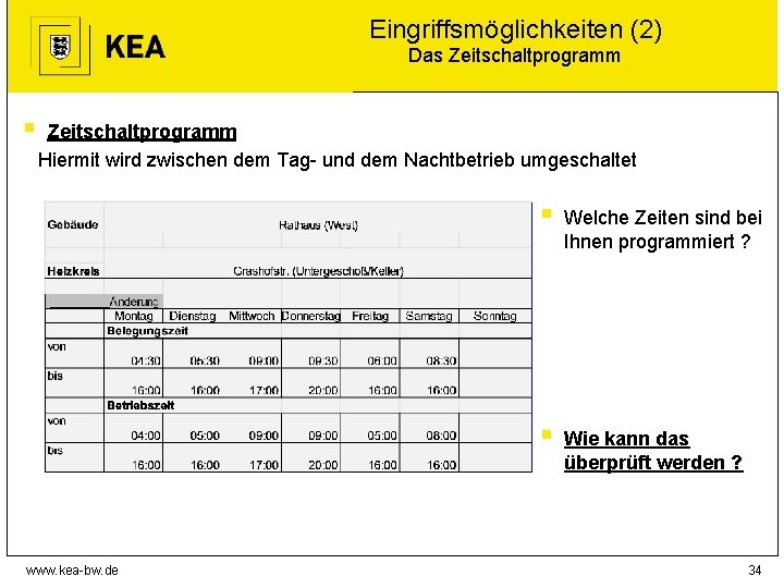 Eingriffsmöglichkeiten (2) Das Zeitschaltprogramm § Zeitschaltprogramm Hiermit wird zwischen dem Tag- und dem Nachtbetrieb