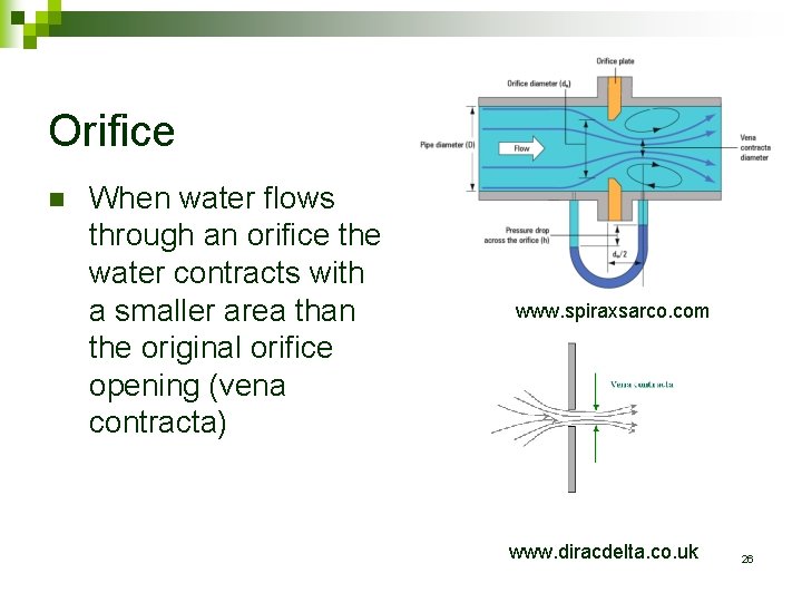 Orifice n When water flows through an orifice the water contracts with a smaller