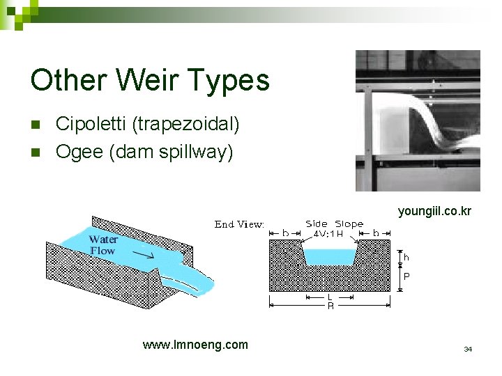 Other Weir Types n n Cipoletti (trapezoidal) Ogee (dam spillway) youngiil. co. kr www.