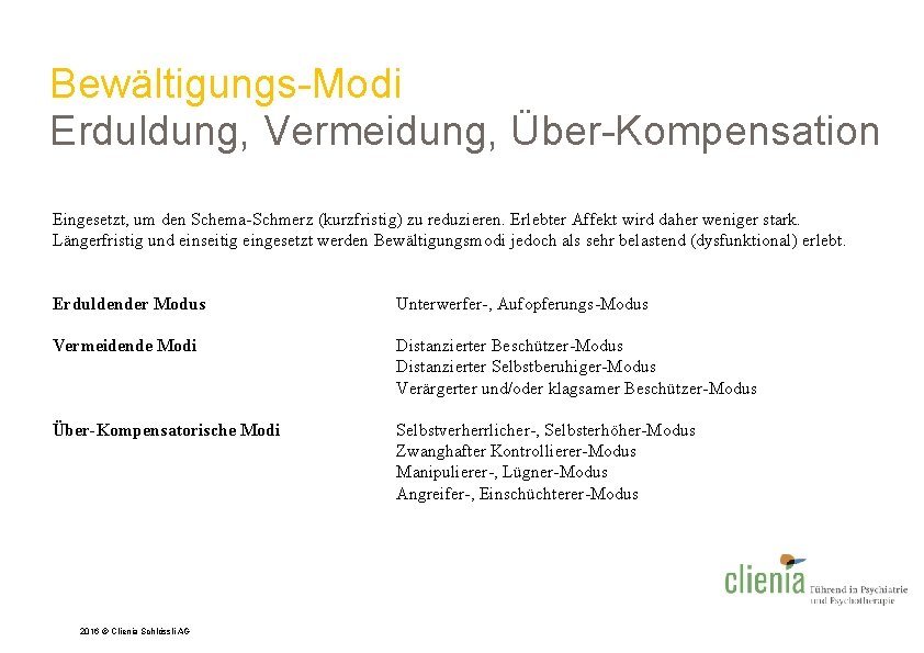 Bewältigungs-Modi Erduldung, Vermeidung, Über-Kompensation Eingesetzt, um den Schema-Schmerz (kurzfristig) zu reduzieren. Erlebter Affekt wird