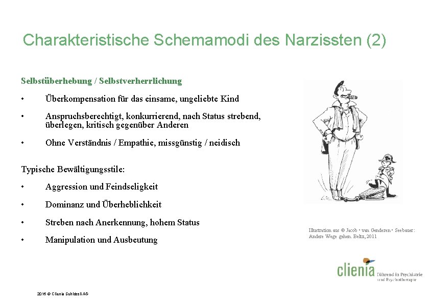 Charakteristische Schemamodi des Narzissten (2) Selbstüberhebung / Selbstverherrlichung • Überkompensation für das einsame, ungeliebte