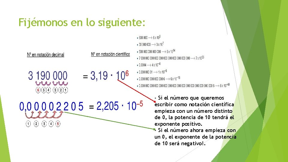 Fijémonos en lo siguiente: - Si el número queremos escribir como notación científica empieza