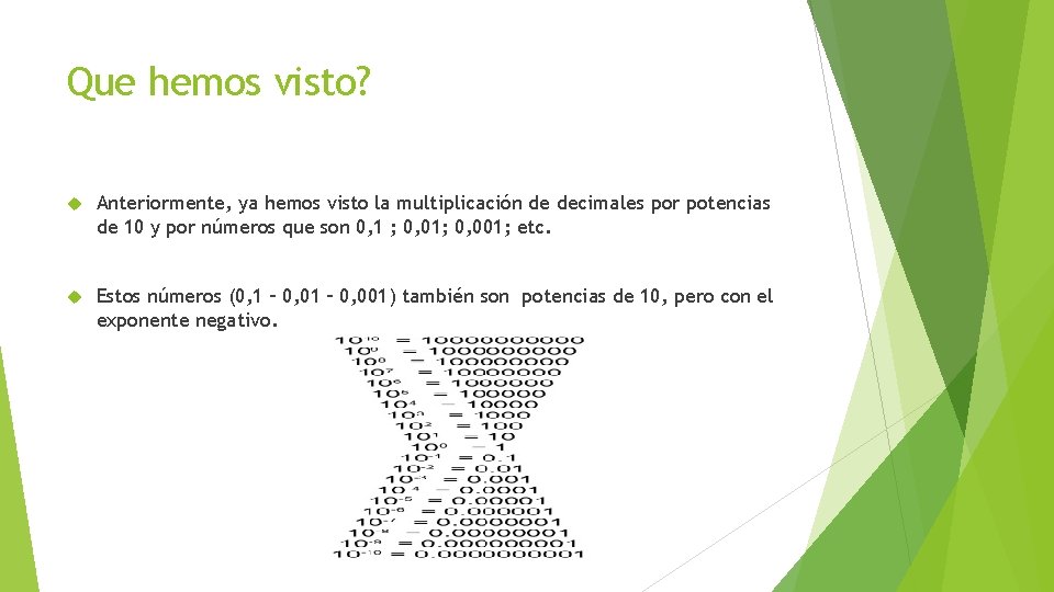 Que hemos visto? Anteriormente, ya hemos visto la multiplicación de decimales por potencias de