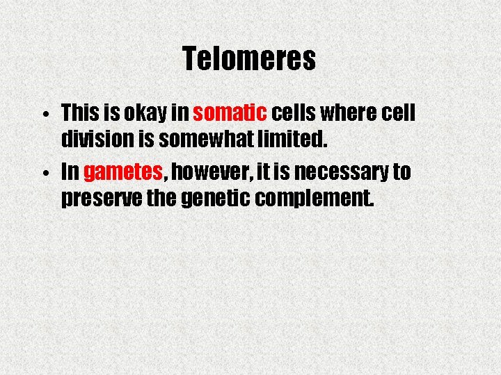 Telomeres • This is okay in somatic cells where cell division is somewhat limited.