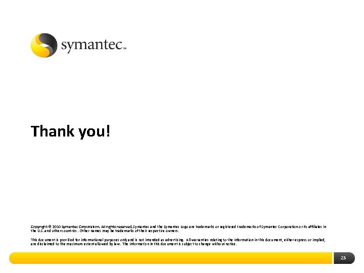 Thank you! Copyright © 2010 Symantec Corporation. All rights reserved. Symantec and the Symantec