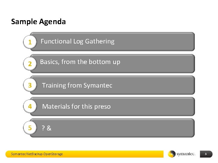 Sample Agenda 1 Functional Log Gathering 2 Basics, from the bottom up 3 Training