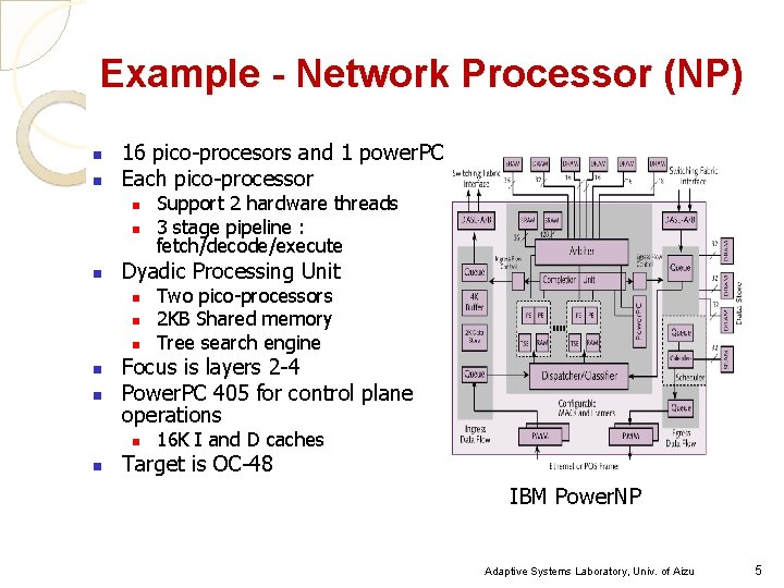 Example - Network Processor (NP) n n 16 pico-procesors and 1 power. PC Each