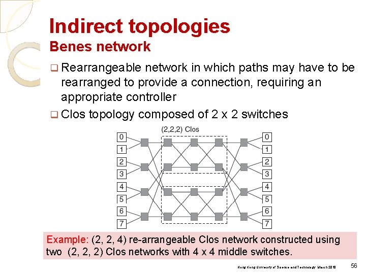 Indirect topologies Benes network q Rearrangeable network in which paths may have to be
