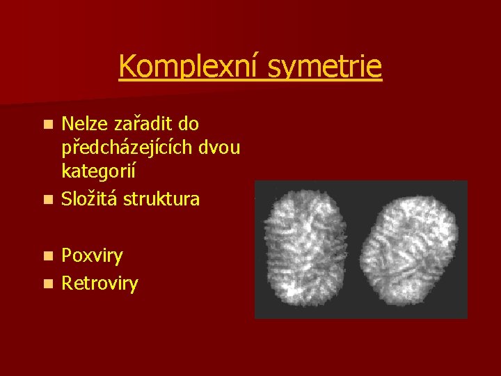 Komplexní symetrie Nelze zařadit do předcházejících dvou kategorií n Složitá struktura n Poxviry n